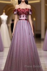 Pink Tulle Lace Applique Long Formal Prom Dresses, Evening Dresses