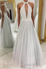 Gray A Line Floor Length Halter Sleeveless Beading Formal Prom Dresses