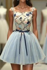 Gray Blue Tulle Short Formal Prom Dresses, Tulle Homecoming Dresses