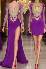 Unique Formal Prom Dresses, Long Sleeve High Neck Beaded Split Formal Prom Dresses