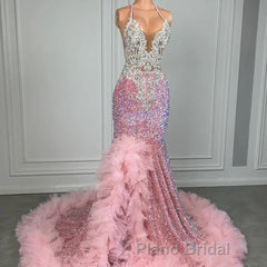 Pink Halter Mermaid Formal Prom Dress with Sequins Beadings and Tulle Ruffle