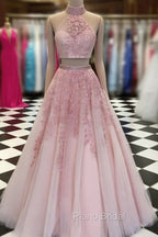 2 Pieces Pink Red Lace Formal Prom Dresses, Two Pieces Pink Red Tulle Lace Formal Evening Dresses