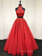 2 Pieces Pink Red Lace Formal Prom Dresses, Two Pieces Pink Red Tulle Lace Formal Evening Dresses