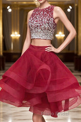 2 Pieces Short Burgundy Formal Prom Dresses, Two Pieces Short Wine Red Beaded Graduation Homecoming Dresses