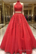 2 Pieces Tulle Lace Formal Prom Dresses, Two Pieces Evening Dresses
