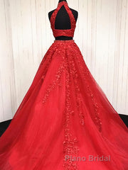 2 Pieces Tulle Lace Formal Prom Dresses, Two Pieces Evening Dresses