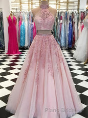 2 Pieces Tulle Lace Formal Prom Dresses, Two Pieces Evening Dresses