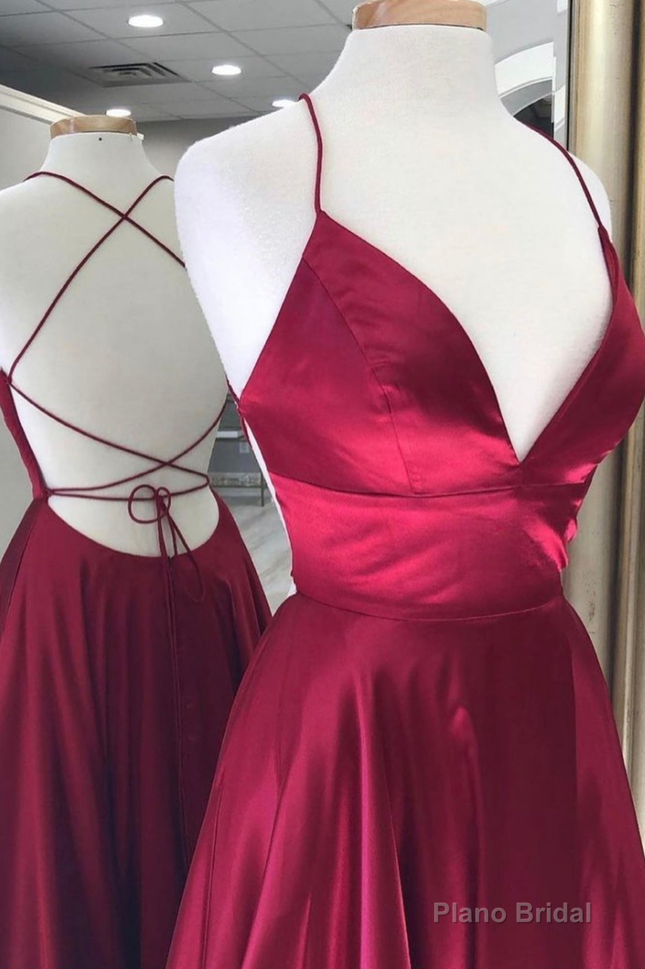 Burgundy Satin Long Prom Dresses, Simple A-Line Backless Evening Dresses Secondary image