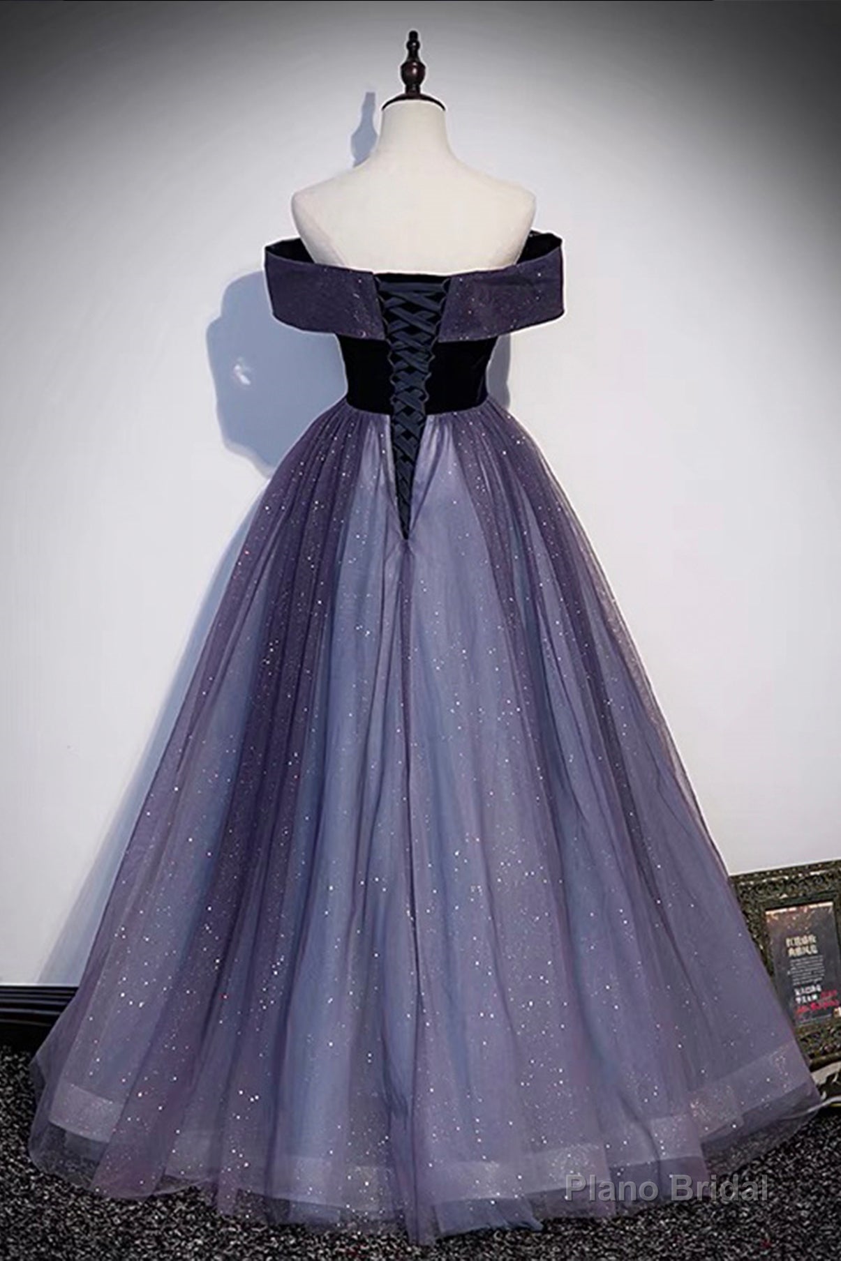 Purple Velvet Tulle Long Prom Dresses, A-Line Off the Shhouler Evening Dresses