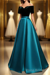 Elegant Velvet Satin Long Formal Prom Dresses, A-Line Evening Dresses