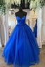Blue Strapless Tulle Long Prom Dresses, A-Line Evening Dresses