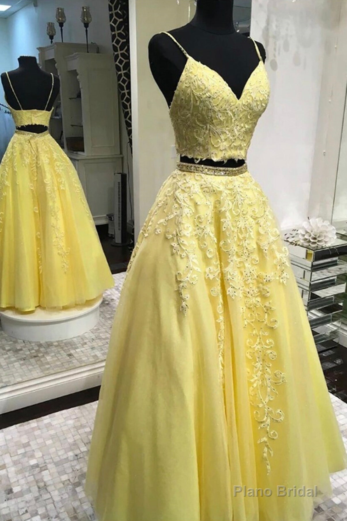 Yellow Lace Long Prom Dresses, Two Pieces Evening Dresses Main image