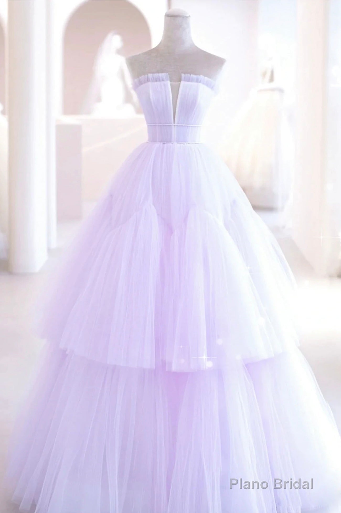 Purple Strapless Tulle Long Formal Gown, Purple A-Line Evening Dress