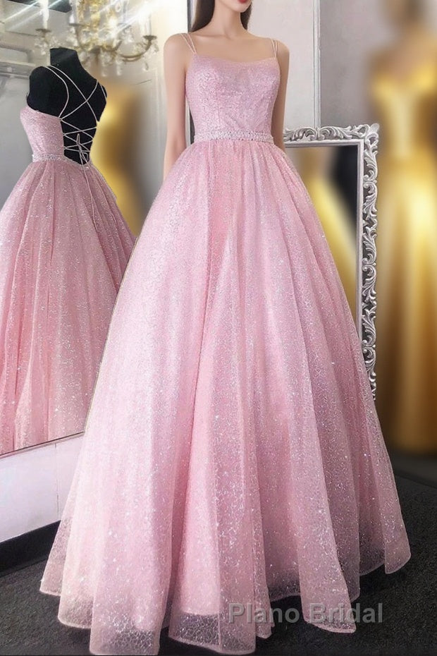 Cute Tulle Sequins Long Formal Prom Dresses, A-Line Backless Evening Dresses Main image