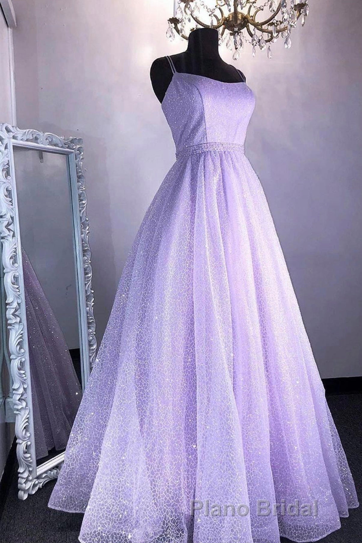 Cute Tulle Sequins Long Formal Prom Dresses, A-Line Backless Evening Dresses