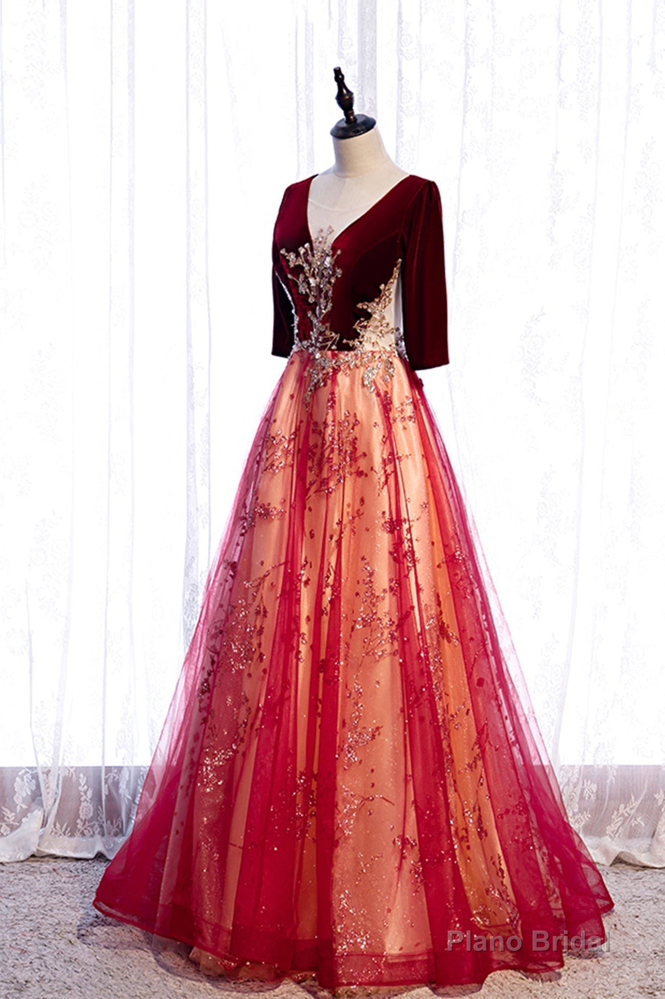 Burgundy Velvet Tulle Long Prom Dresses, Burgundy 1/2 Sleeve Evening Dresses Secondary image