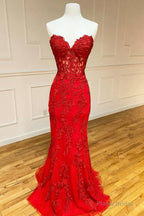 Red Strapless Lace Long Prom Dress, Mermaid Evening Dress