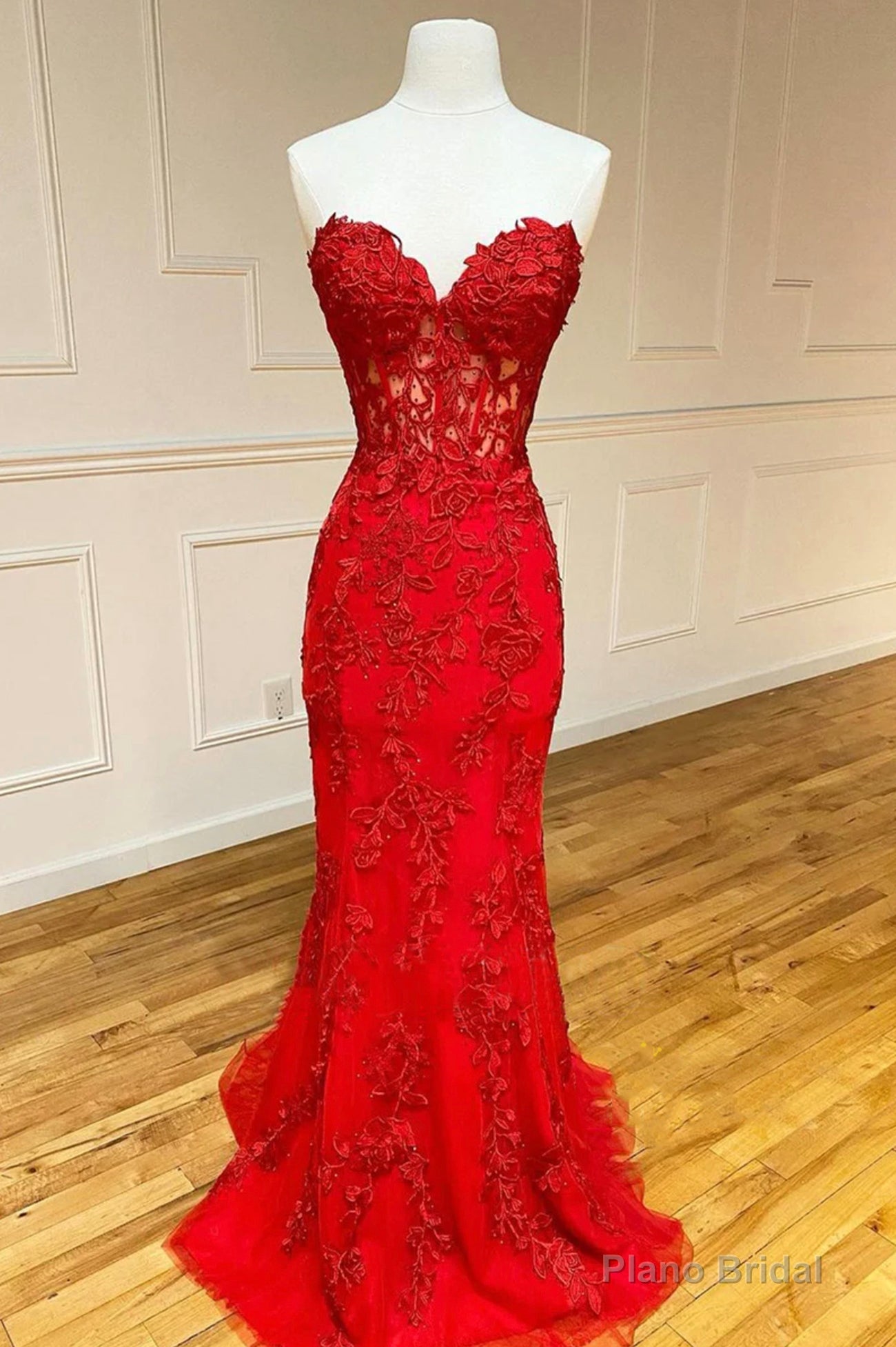 Red Strapless Lace Long Prom Dress, Mermaid Evening Dress