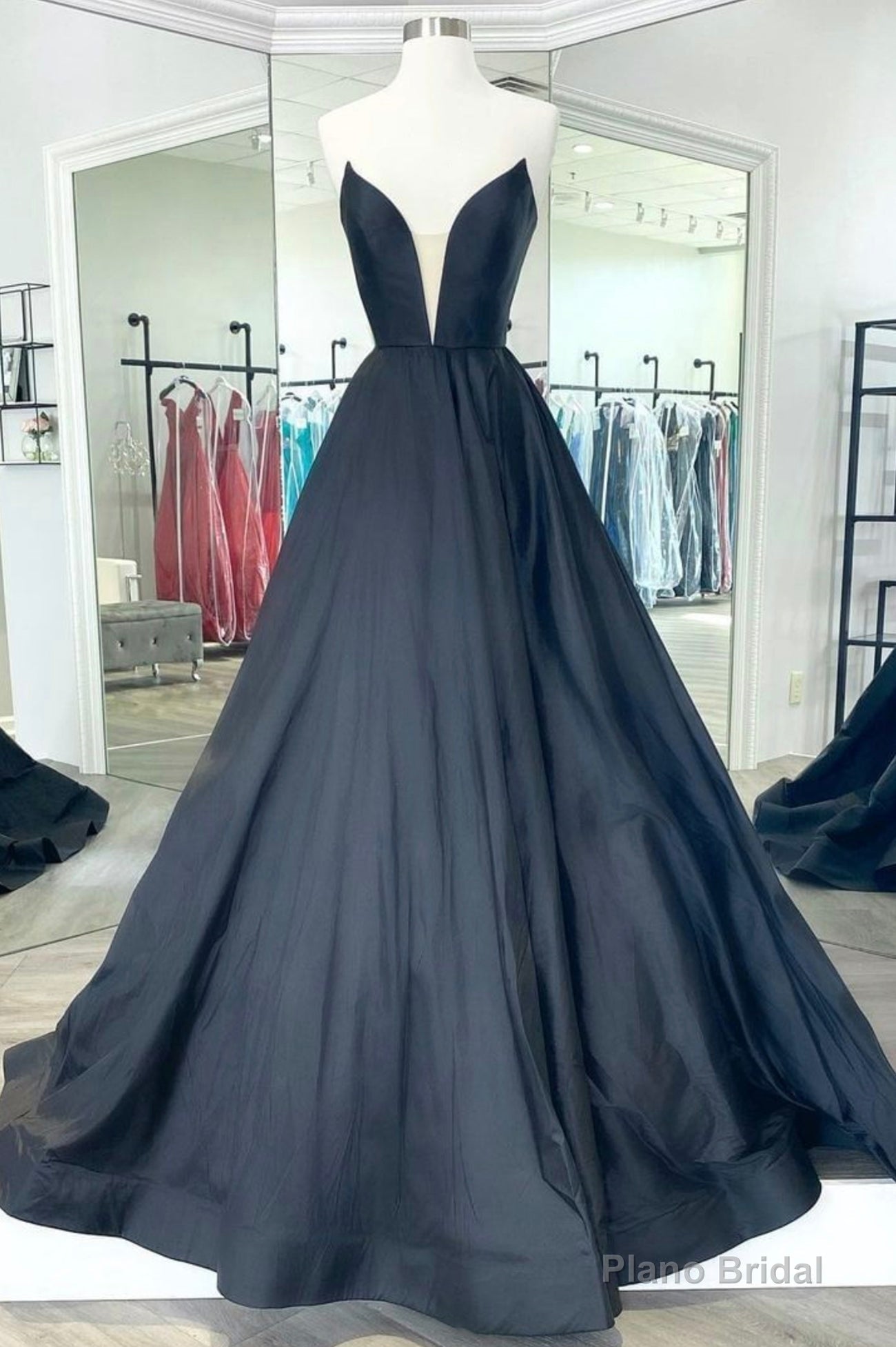 Black Satin Long A-Line Prom Dress, Black Evening Party Dress Main image