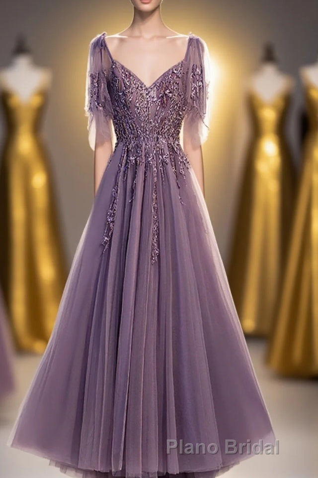 Purple Tulle Lace Long Formal Prom Dresses, A-Line Evening Party Dresses Main image