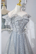 Gray Tulle Lace Long Prom Dresses, A-Line Sequins Evening Dresses