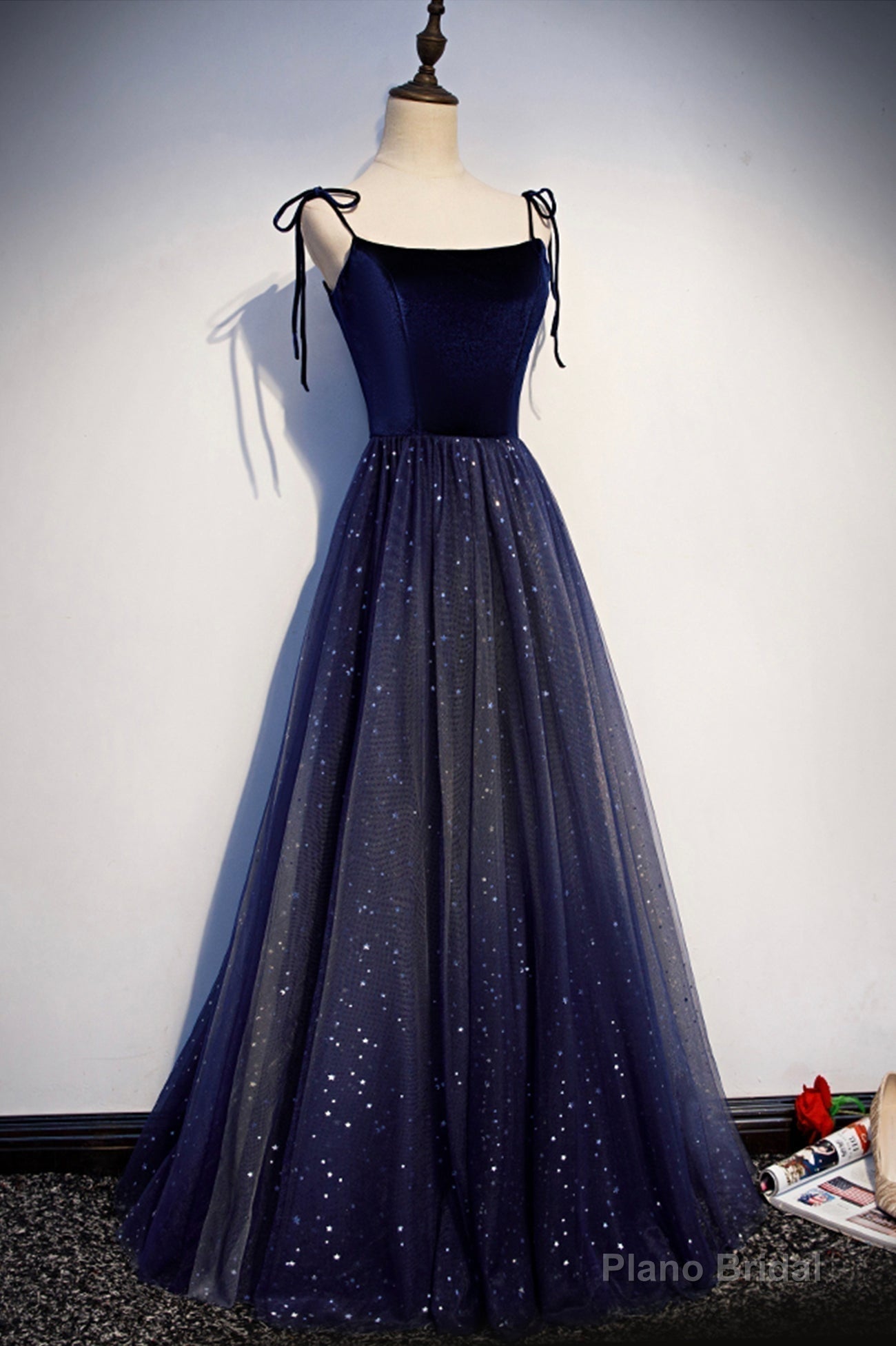 Blue Velvet Tulle Long Prom Dresses, Lovely A-Line Graduation Dresses Secondary image