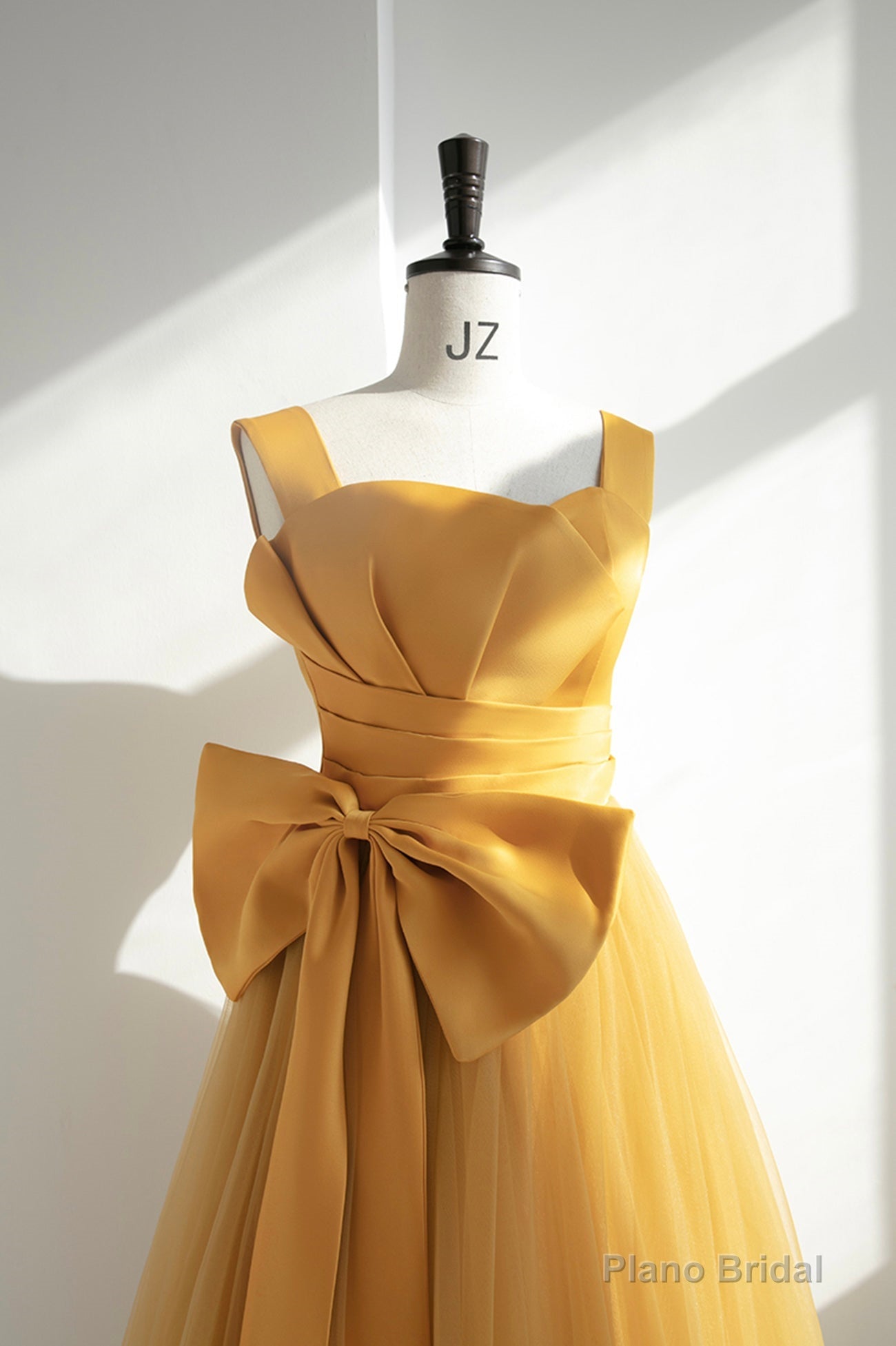 Yellow Satin Tulle Long Prom Dress, A-Line Evening Dress with Bow