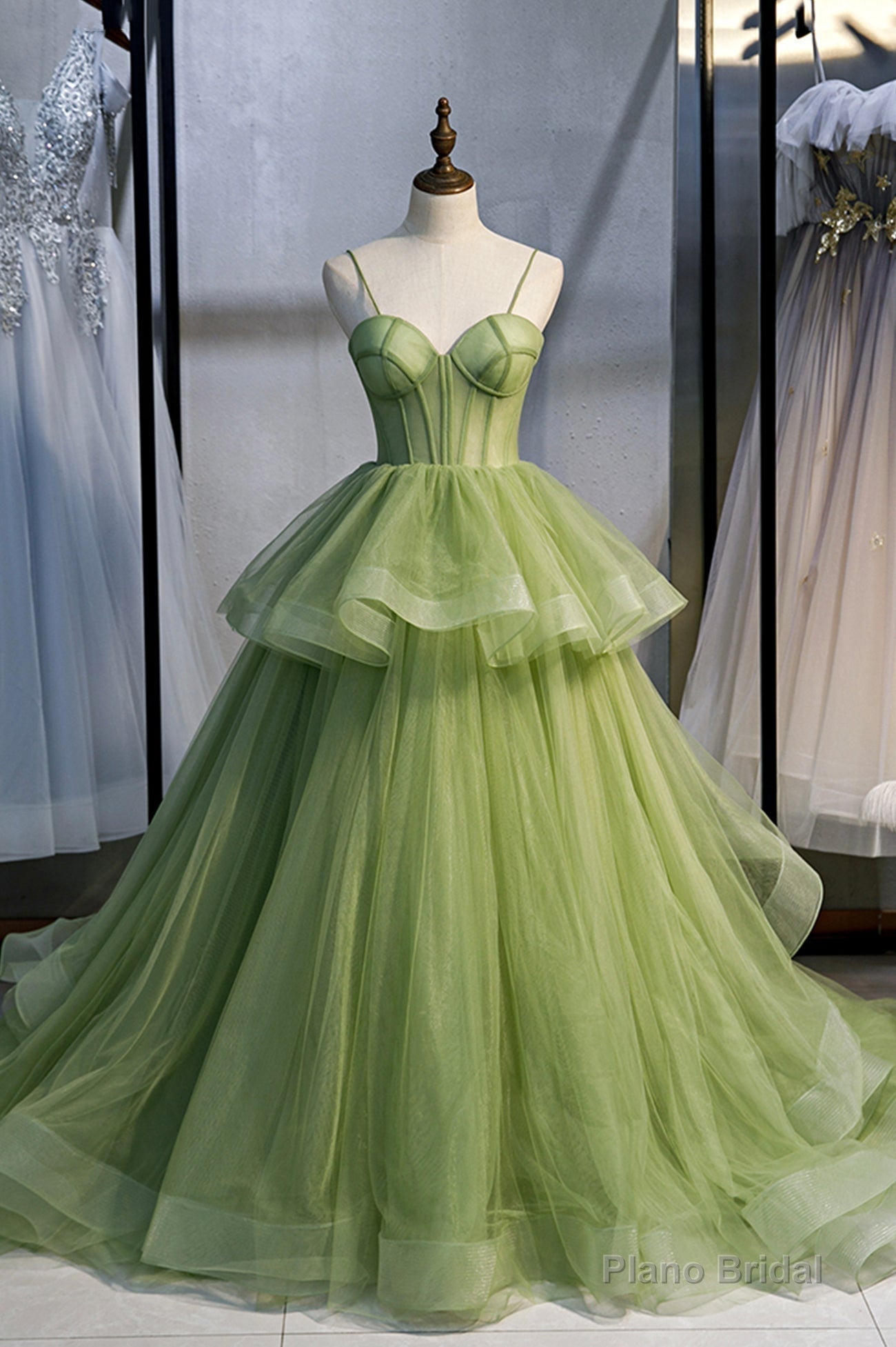 Green Tulle Long Prom Dresses, A-Line Evening Dresses with Train Secondary image