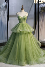 Green Tulle Long Prom Dresses, A-Line Evening Dresses with Train