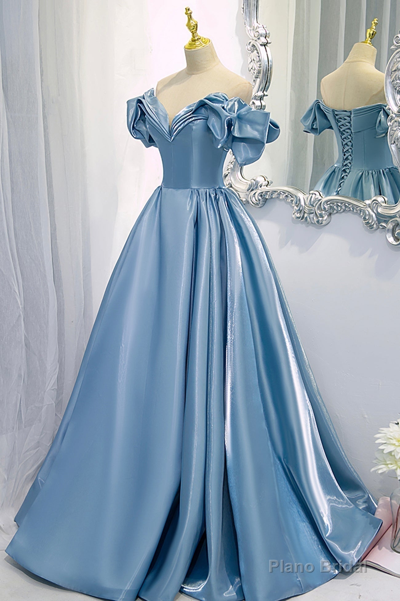 Blue V-Neck Satin Long Prom Dress, Off the Shoulder Evening Dress Main image
