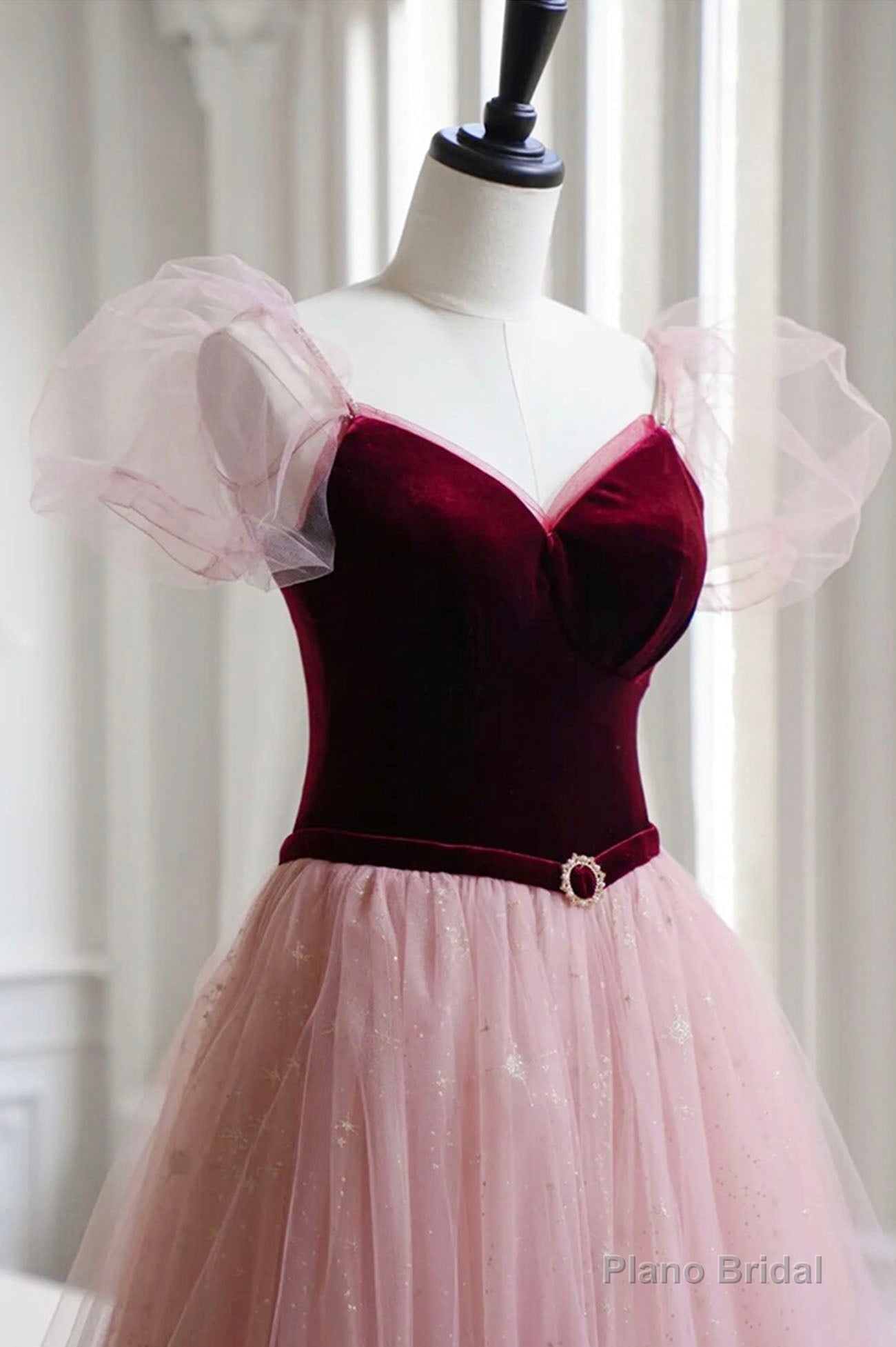 Burgundy Velvet and Pink Tulle Long A-Line Prom Dress, Lovely Party Dress Secondary image