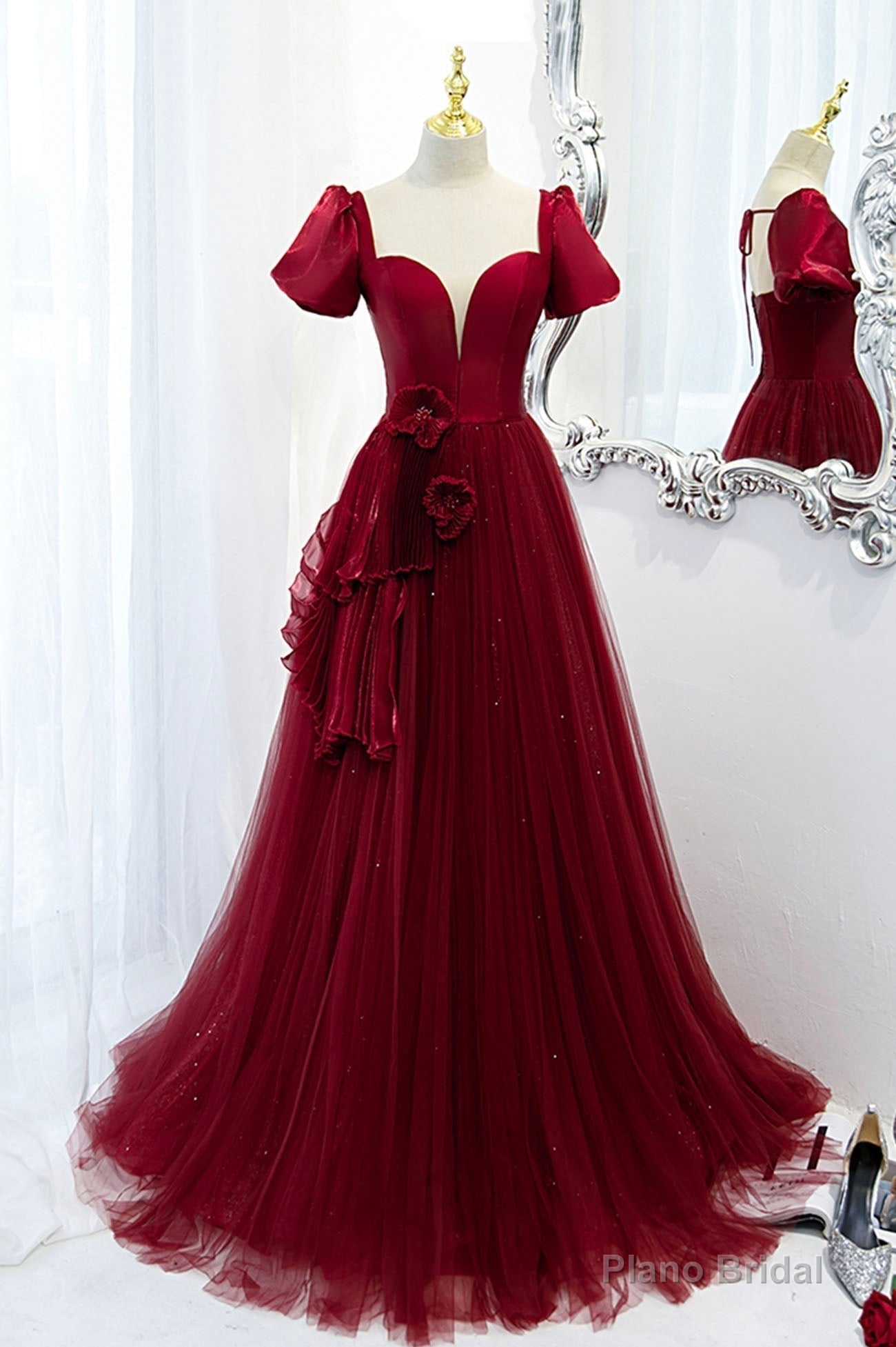 A-Line Satin Tulle Long Prom Dresses, Burgundy Evening Dresses Main image
