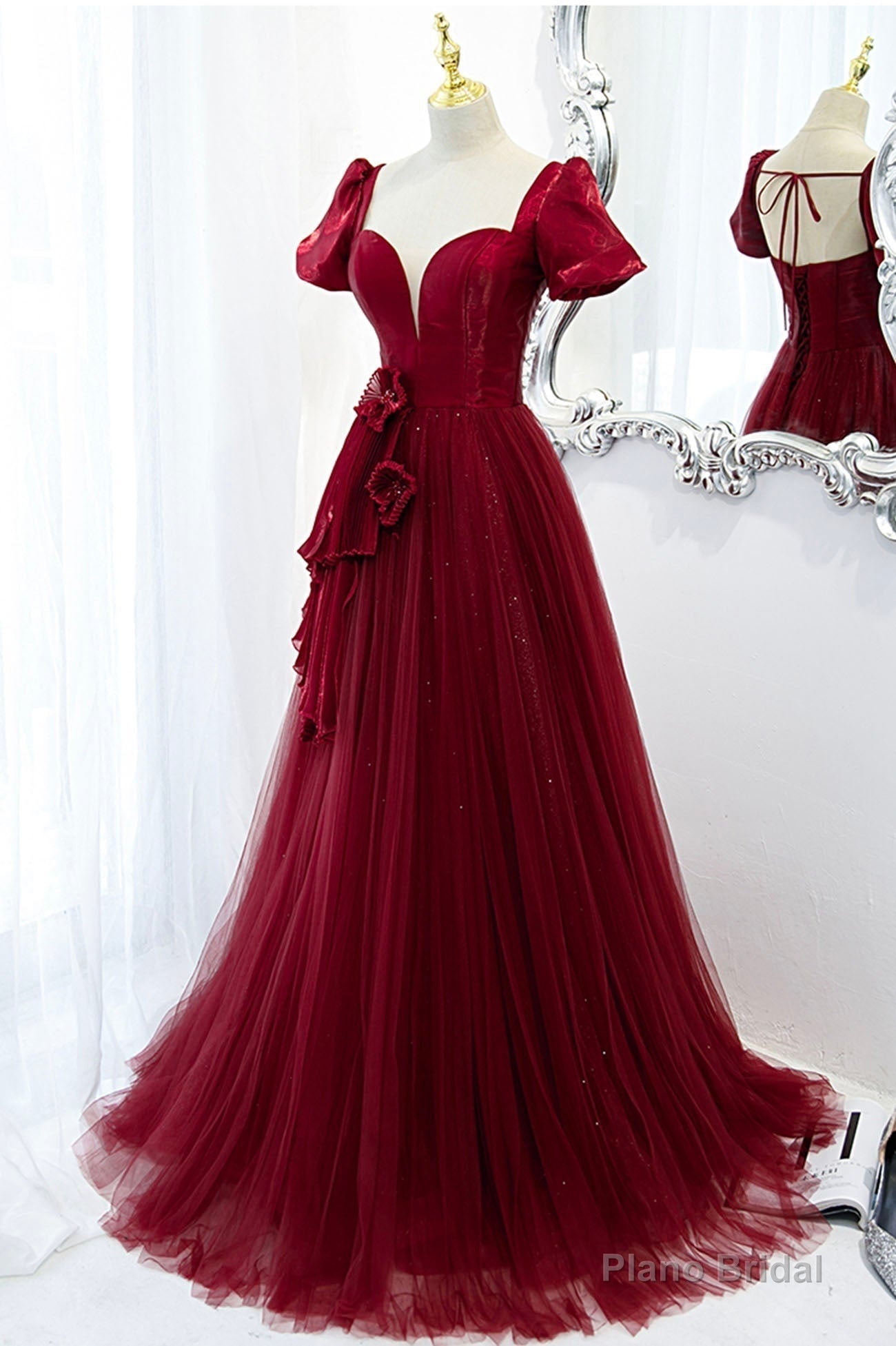 A-Line Satin Tulle Long Prom Dresses, Burgundy Evening Dresses Secondary image