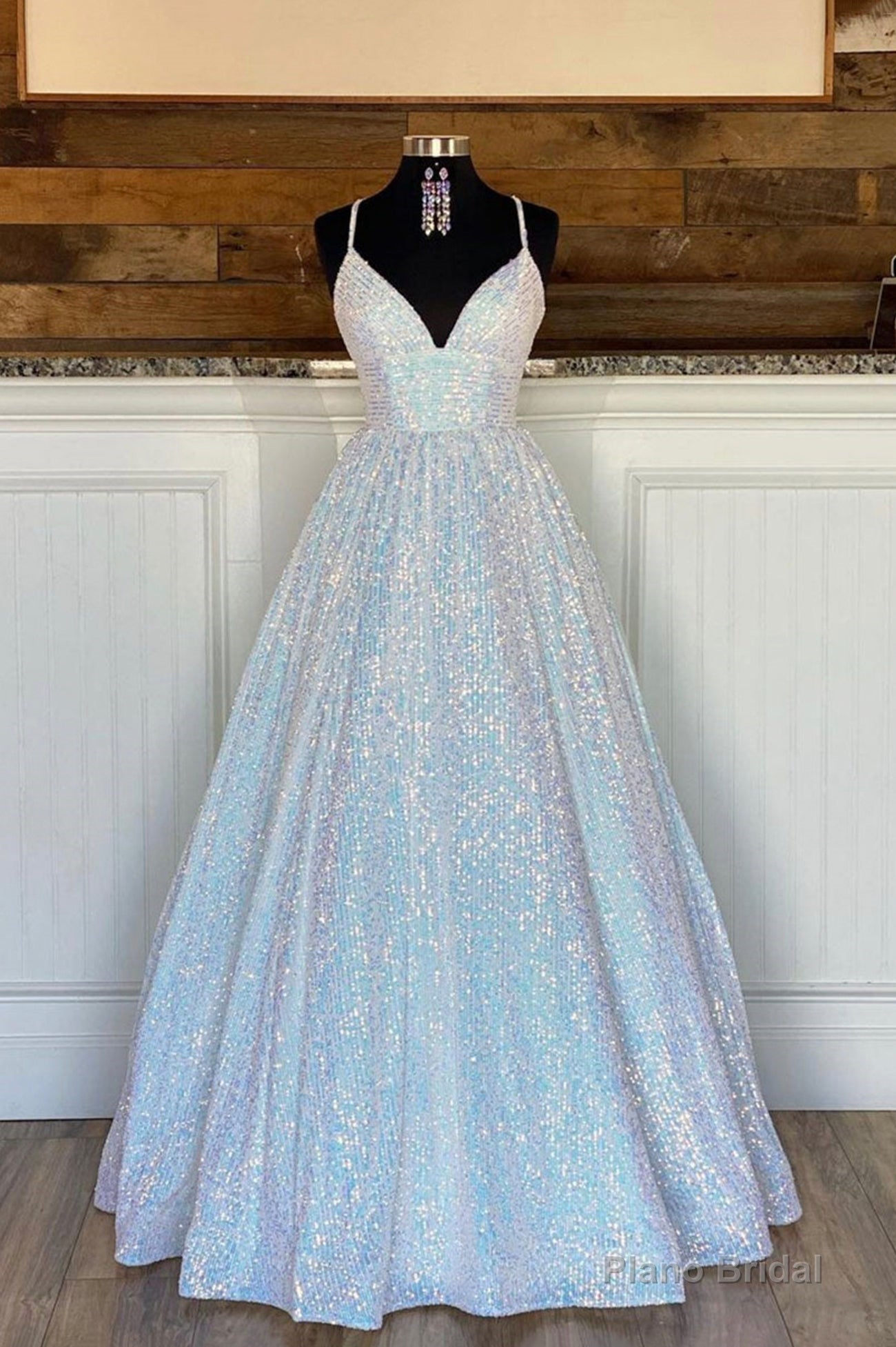 A-Line Sequins Long Prom Dresses, White Formal Evening Dresses Main image