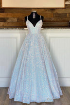 A-Line Sequins Long Prom Dresses, White Formal Evening Dresses