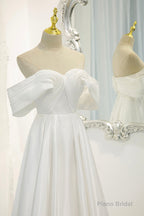 White Satin Long Prom Dress, Off the Shoulder Evening Dress