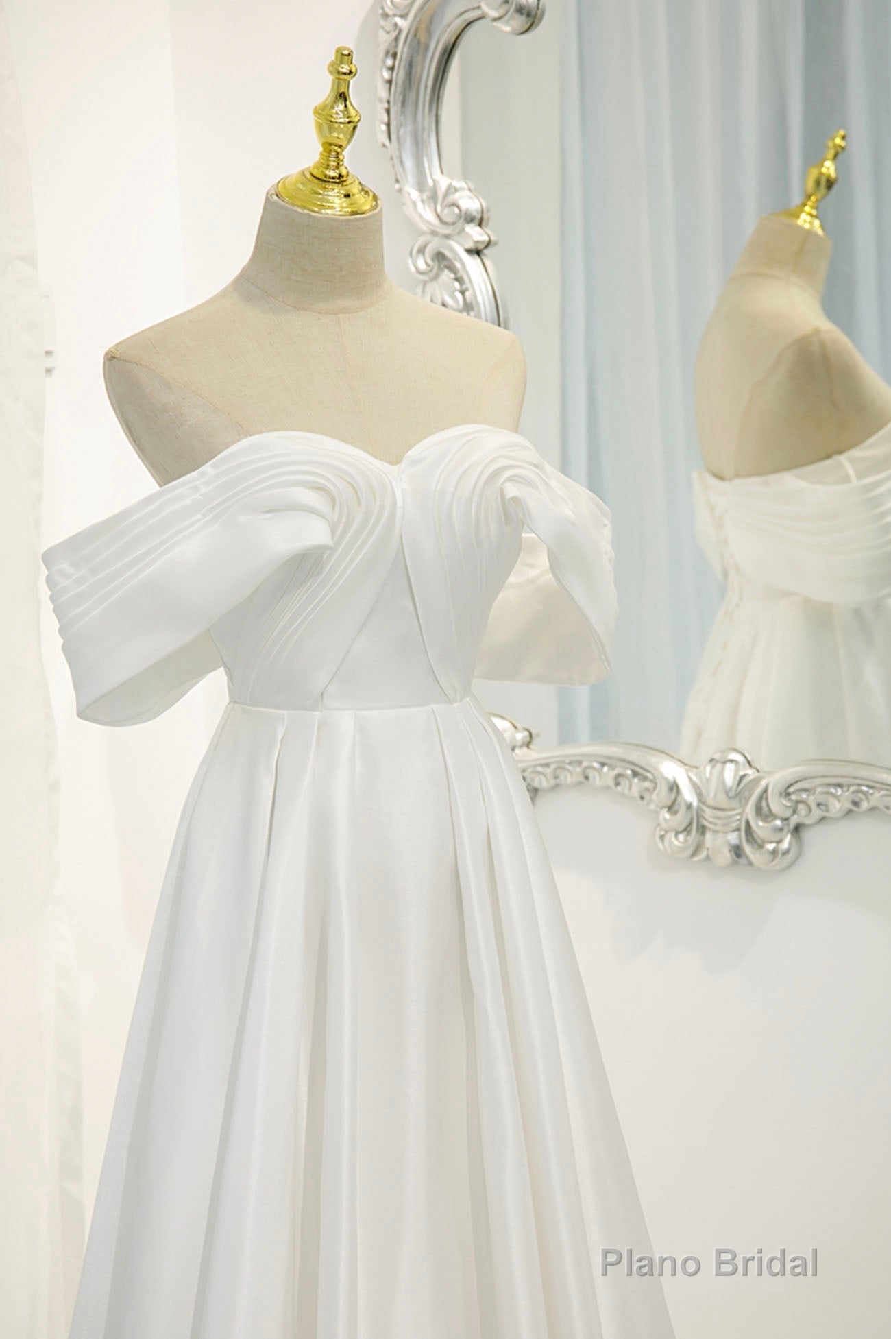 White Satin Long Prom Dress, Off the Shoulder Evening Dress