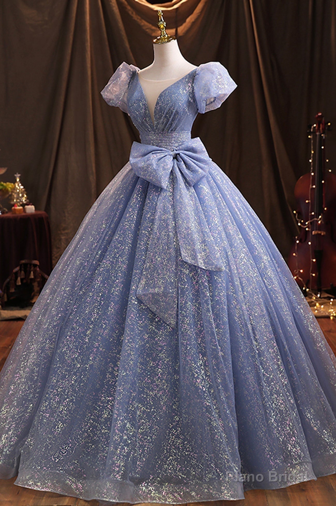 Blue Tulle Sequins Long Prom Dress, A-Line Evening Gown with Bow Main image