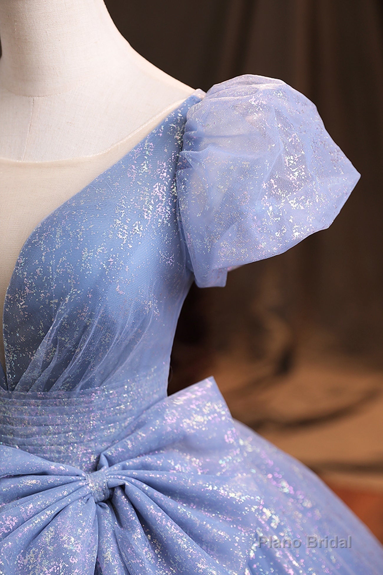 Blue Tulle Sequins Long Prom Dress, A-Line Evening Gown with Bow