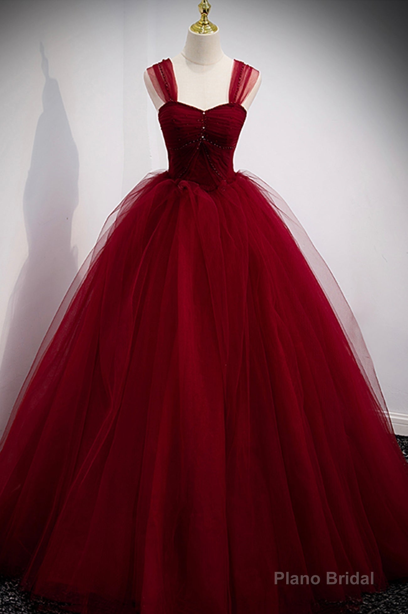 Burgundy Tulle Long A-Line Prom Dress, Burgundy Evening Party Dress