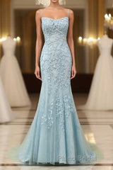 Mermaid Blue Long Formal Prom Dress Backless Evening Dress