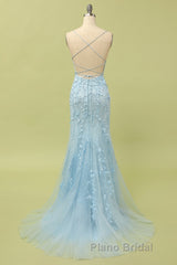 Mermaid Blue Long Formal Prom Dress Backless Evening Dress