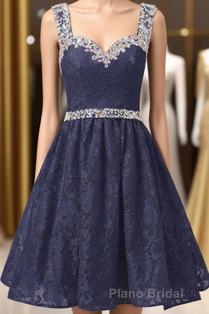 Gorgeous A Line Straps Knee Length Lace With Beading Homecoming Dresses Main image