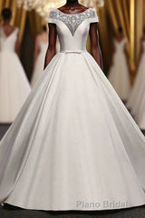 Chic Round Neck Lace Satin Short Sleeves Long Ball Gown Wedding Dresses