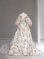 Bubble Sleeves A-line Prom Dresses, Elegant Floral Long Prom Dresses, Popular Wedding Guest Dresses