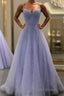 Lavender Formal Prom Dresses, A-line V Neck Spaghetti Straps Long/Floor-Length Tulle Formal Prom Dresses With Beading Sequins