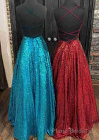 Fantasy Formal Prom Dresses, Princess A-line Bateau Sleeveless Sequined Long/Floor-Length Formal Prom Dresses