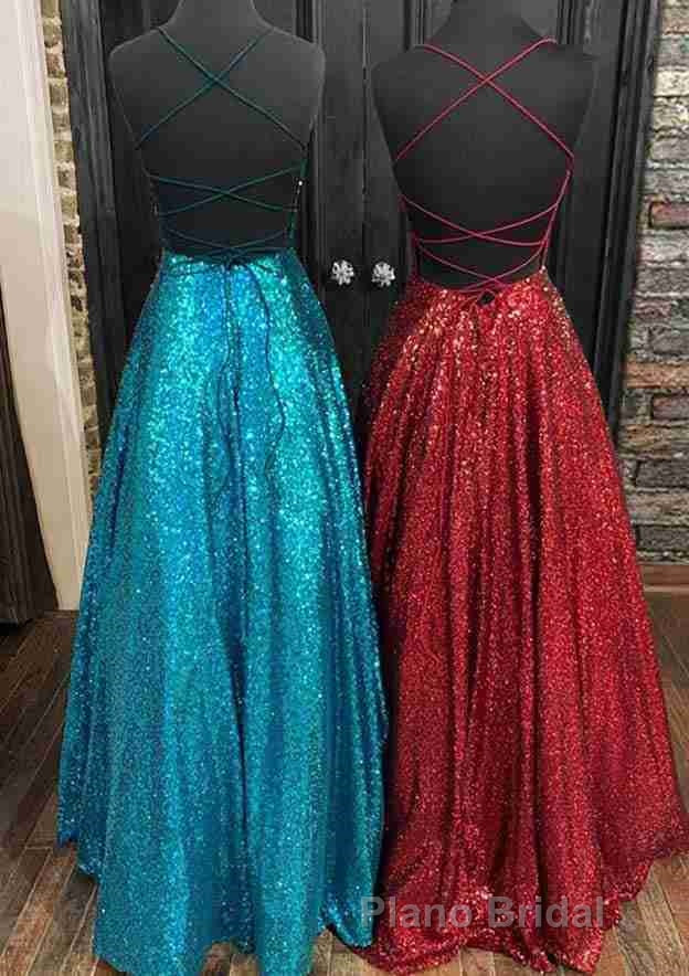 Fantasy Formal Prom Dresses, Princess A-line Bateau Sleeveless Sequined Long/Floor-Length Formal Prom Dresses