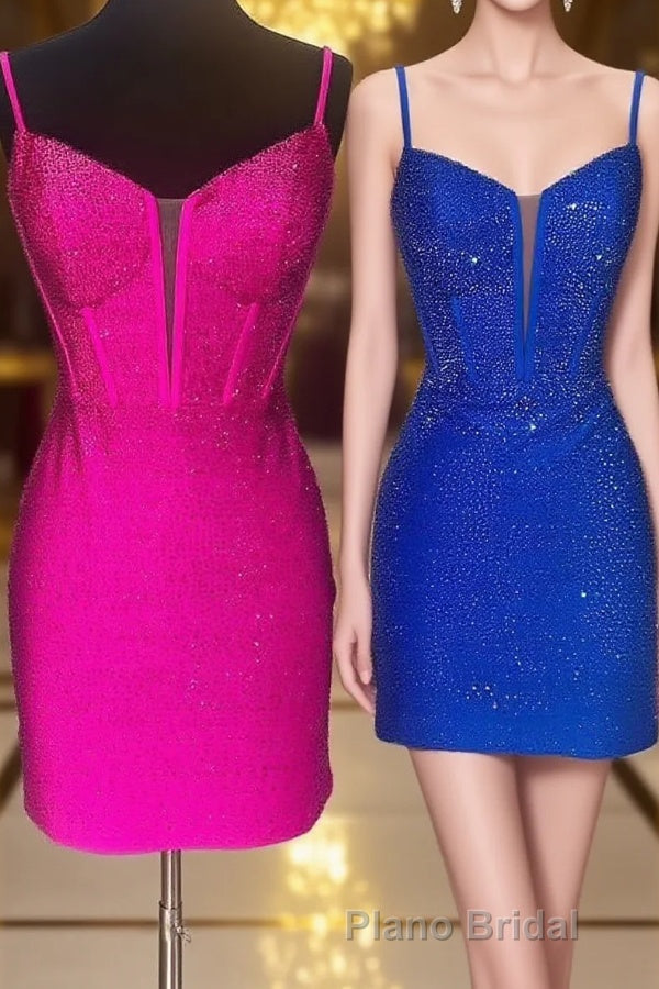 Royal Blue Beaded Sheath Deep V Neck Homecoming Dresses Main image