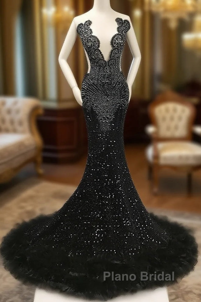 Black Mermaid Formal Prom Dresses with Beaeded and Feathers Main image